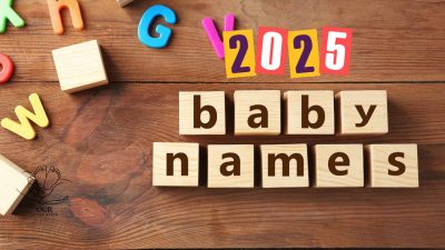 Collage of baby onesies, movie clapboards, and trending social media icons symbolizing 2025’s pop culture-inspired baby names.