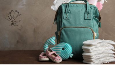A well-packed diaper bag with baby essentials like diapers, wipes, bottles, and extra clothing.