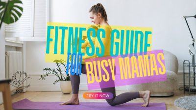 Mother in workout gear doing yoga at home while her baby plays on a mat nearby