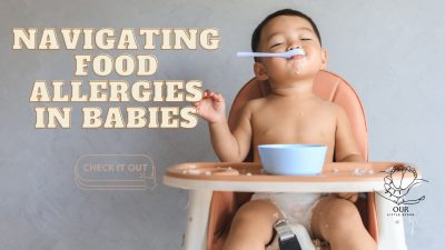 Parent feeding a baby in a high chair while checking food labels for allergens