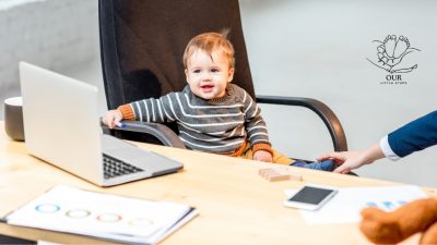 Working parent managing a busy day while spending quality time with their child.