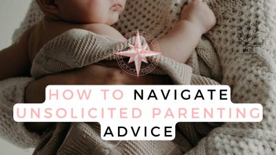 Young parents smiling while holding their baby, sitting on a couch, and listening to advice from a family member.