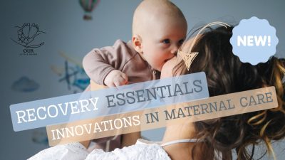 New mother resting comfortably with postpartum recovery essentials.