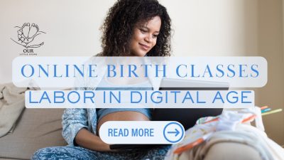 Pregnant woman attending a virtual birth class on her laptop at home