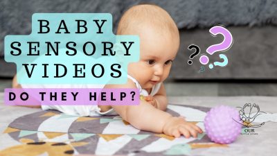 A baby watching a colorful sensory video on a tablet with an intrigued expression.