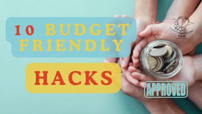 A happy parent using budget-friendly baby hacks, including DIY storage solutions and second-hand baby gear.