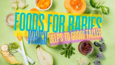 A happy baby sitting in a high chair eating a nutritious meal with vegetables, fruits, and dairy products, promoting healthy growth and development.