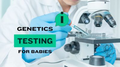 A doctor reviewing genetic test results for a newborn with concerned parents.