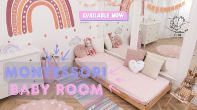 A cozy Montessori baby room featuring a floor bed and engaging sensory play area.
