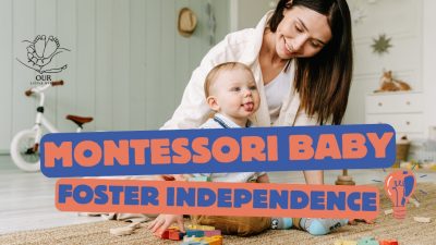 A baby exploring a Montessori-inspired play area with wooden toys and soft mats.