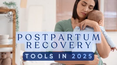 A new mom relaxing with postpartum recovery tools, including a belly wrap and a soothing gel pack.
