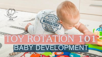 A neatly organized toddler play area with a small selection of wooden toys on shelves, promoting a toy rotation system for early childhood development.