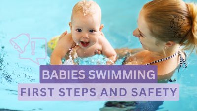 A happy baby enjoying a supported swim in a pool with a parent.