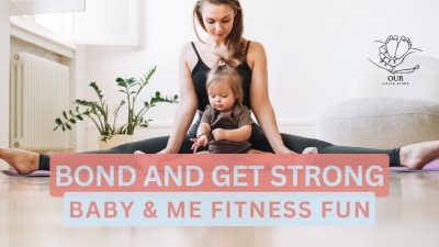 A smiling parent holding their baby while doing squats, both enjoying the activity.