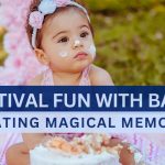 A baby enjoying a festival with their family, surrounded by colorful decorations, lights, and smiling faces.