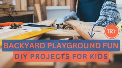 Children playing on a DIY backyard playground with swings, a slide, and a climbing frame.