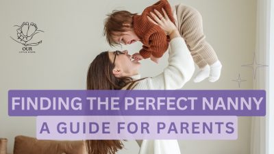 A happy family with a nanny and child playing together in a living room.