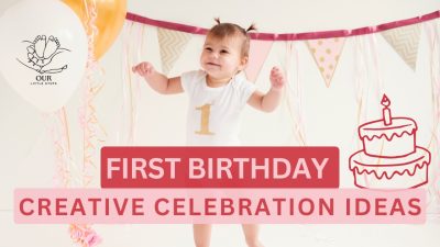 A happy baby celebrating their first birthday with a cake, balloons, and family.