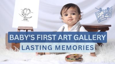 A baby looking with wonder at a colorful painting in an art gallery, accompanied by a parent.